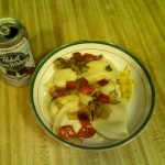 PBR and Pierogies with peppers and onions.